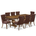 9-Piece Acacia Wood Dining Set with 8 Burgundy Faux Leather Chairs J6267