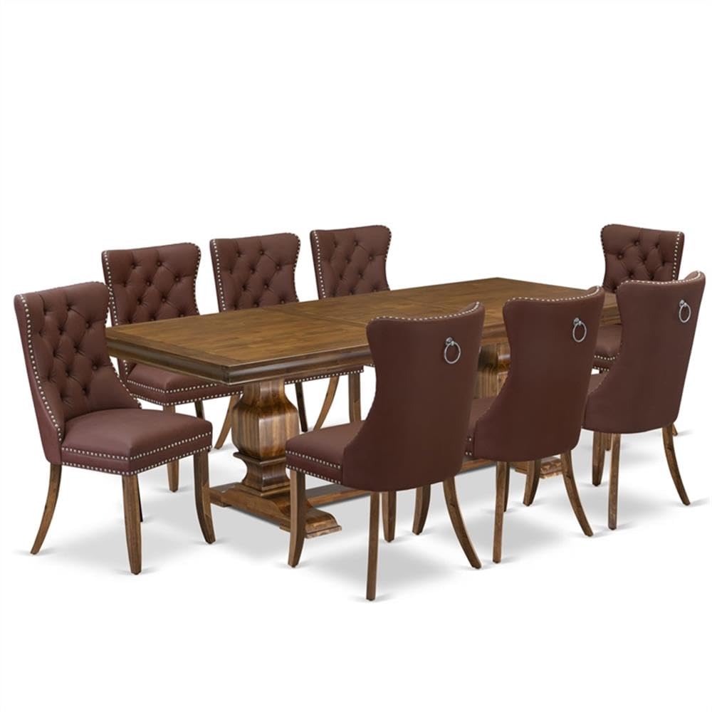 9-Piece Acacia Wood Dining Set with 8 Burgundy Faux Leather Chairs J6267