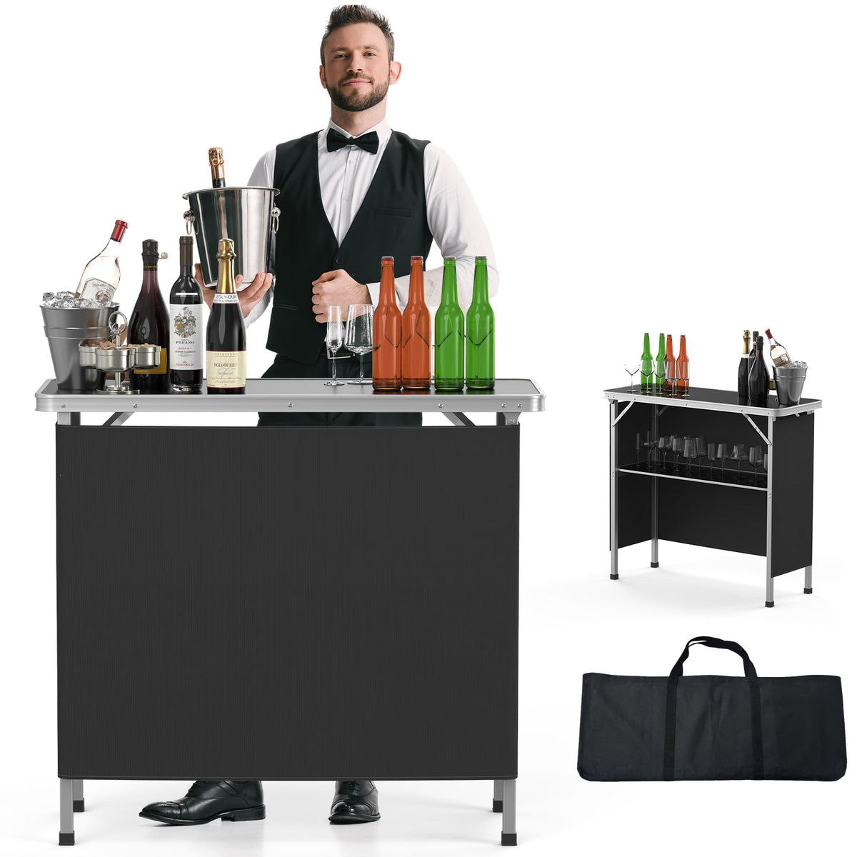 Portable 2-Tier Mobile Bar Table with Black Skirt R106