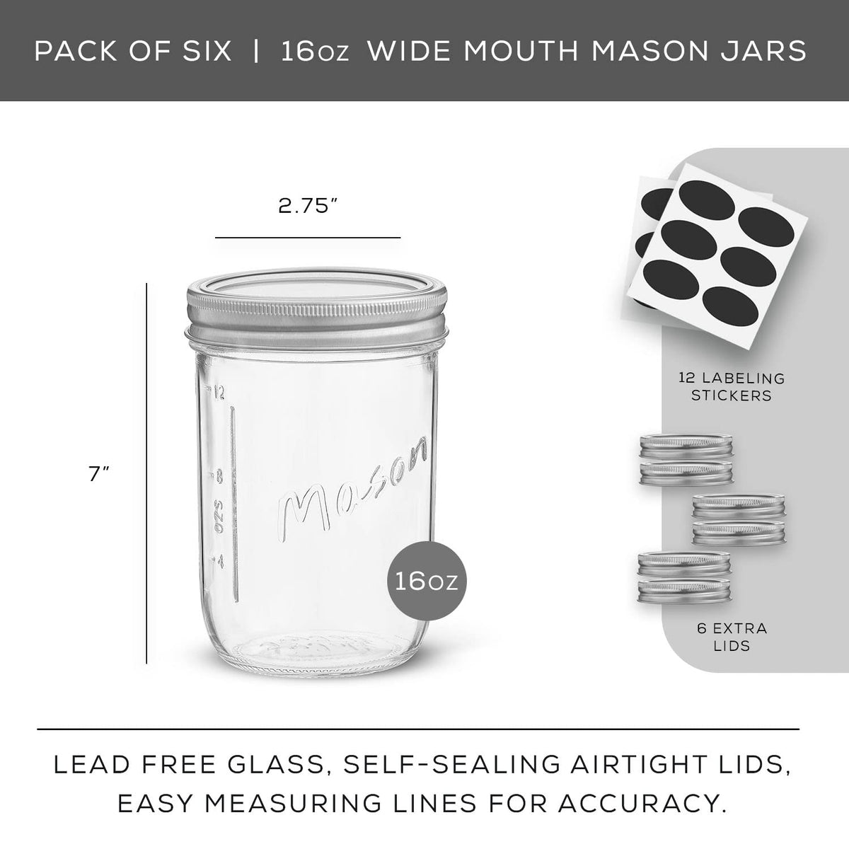 16 Oz 6-Pack Wide Mouth Glass Mason Jars with Lids G32658