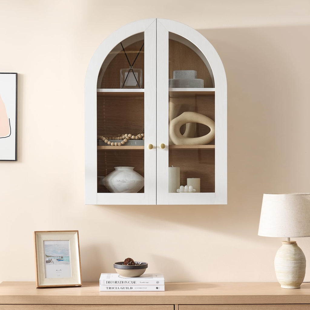 White Arched Wall Mount Bathroom Cabinet with Glass Doors M551