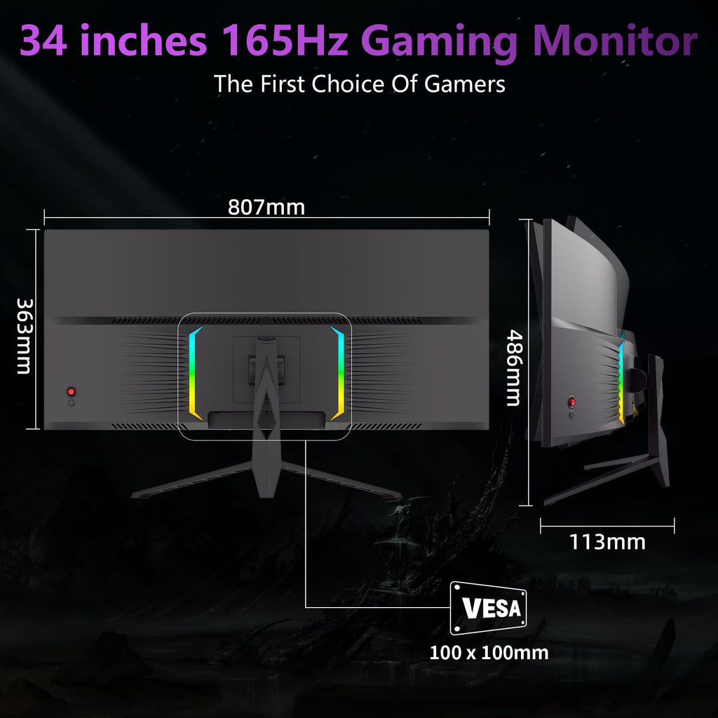 34 Inch Curved Ultra Wide WQHD Gaming Monitor 165Hz 1ms HDR400 T165
