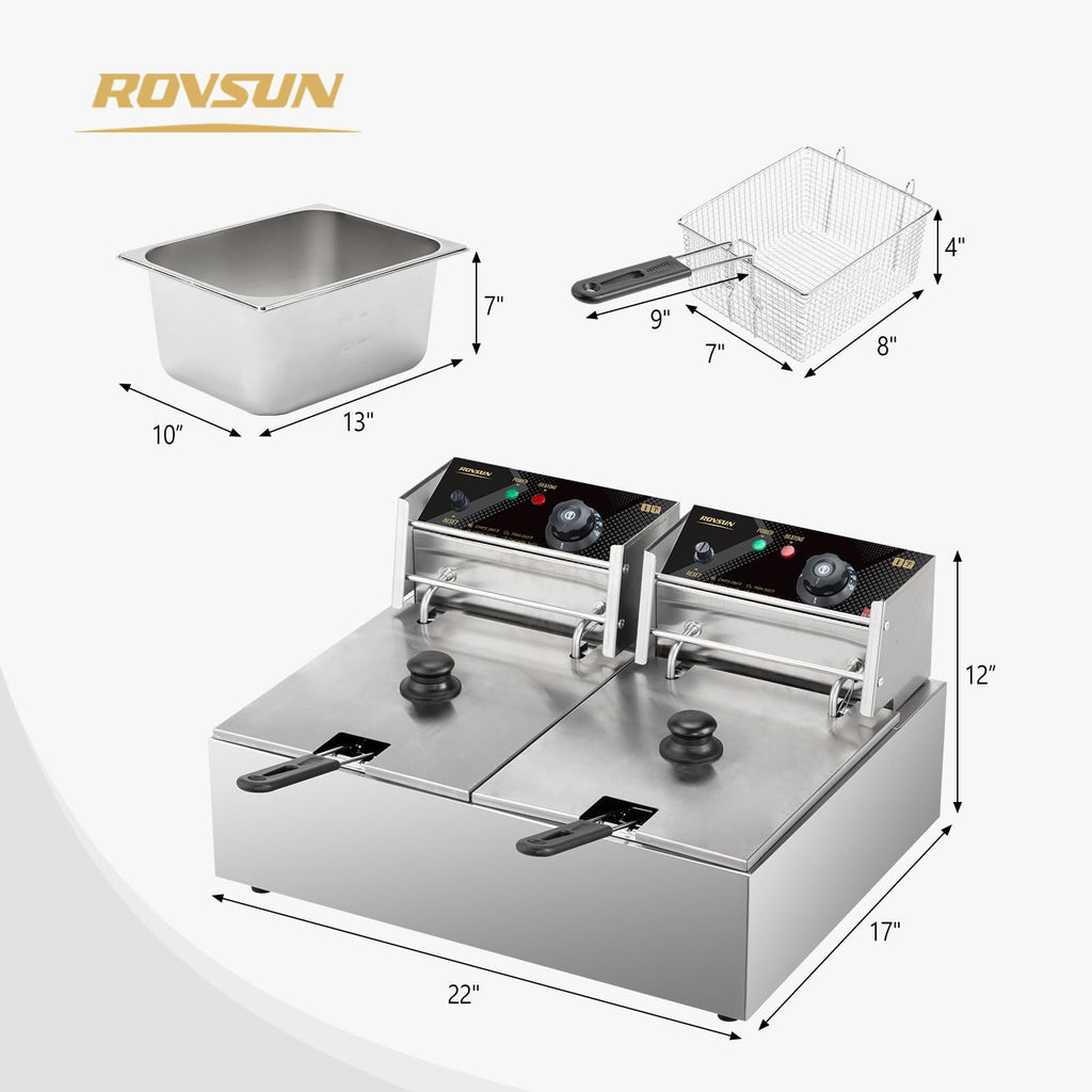 22.8QT Stainless Steel Electric Double Deep Fryer with Baskets & Lids L943936