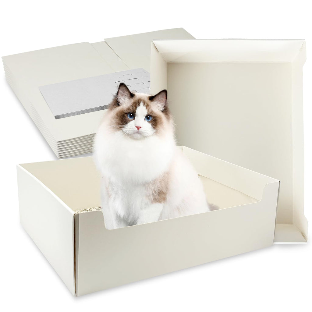 8 Pack White Foldable Disposable Litter Boxes with Scoop Y927720