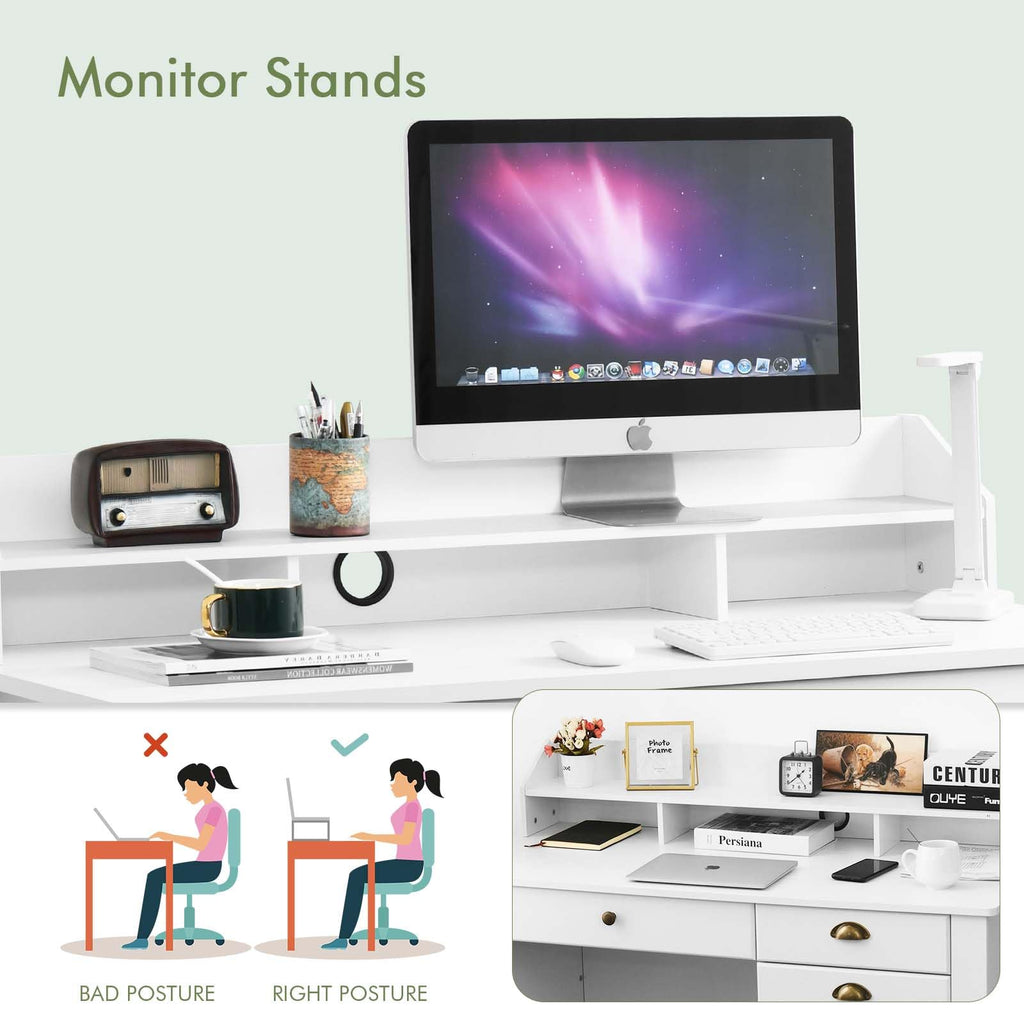 White Computer Desk with Drawers and Hutch O1369