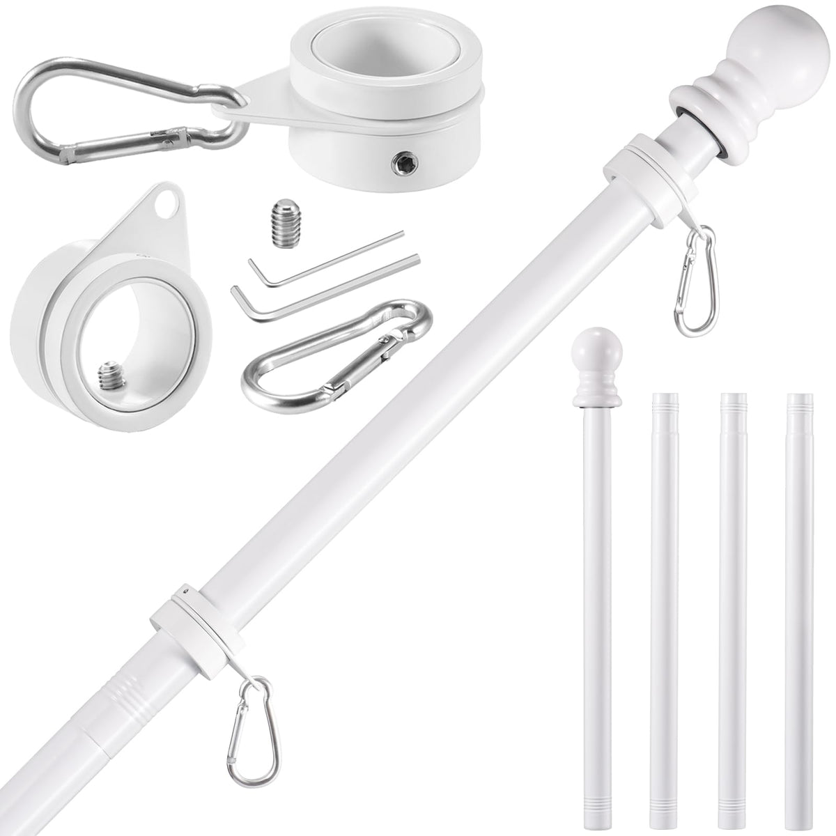 White 5 FT Stainless Steel Wall Mount Flag Pole Kit with 360° Rotating Rings A5985
