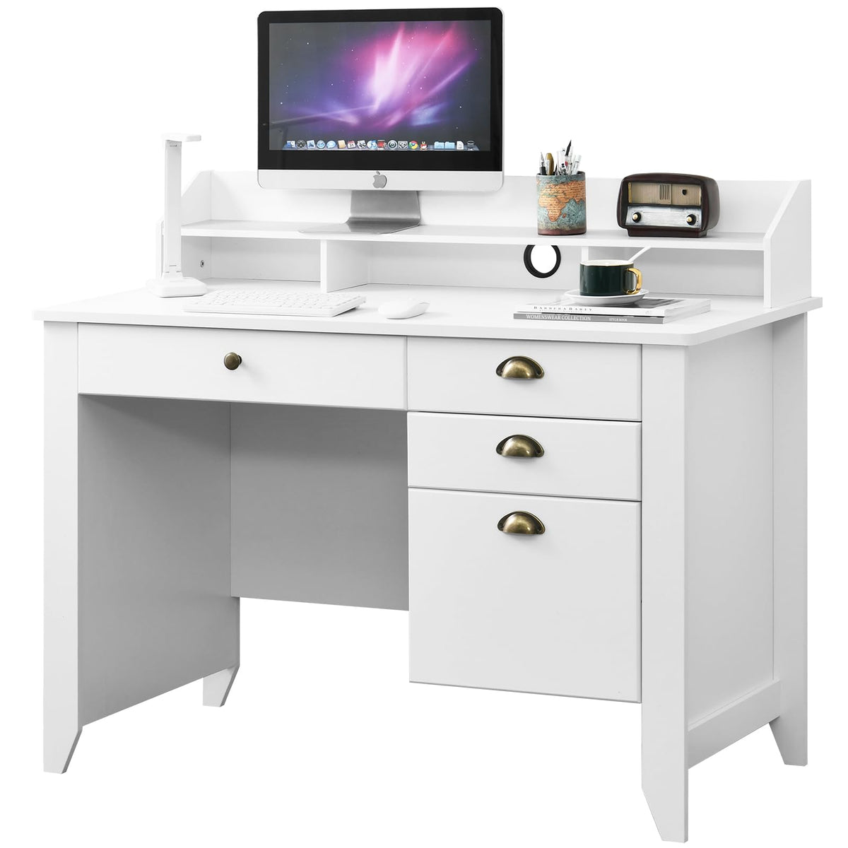 White Computer Desk with Drawers and Hutch O1369