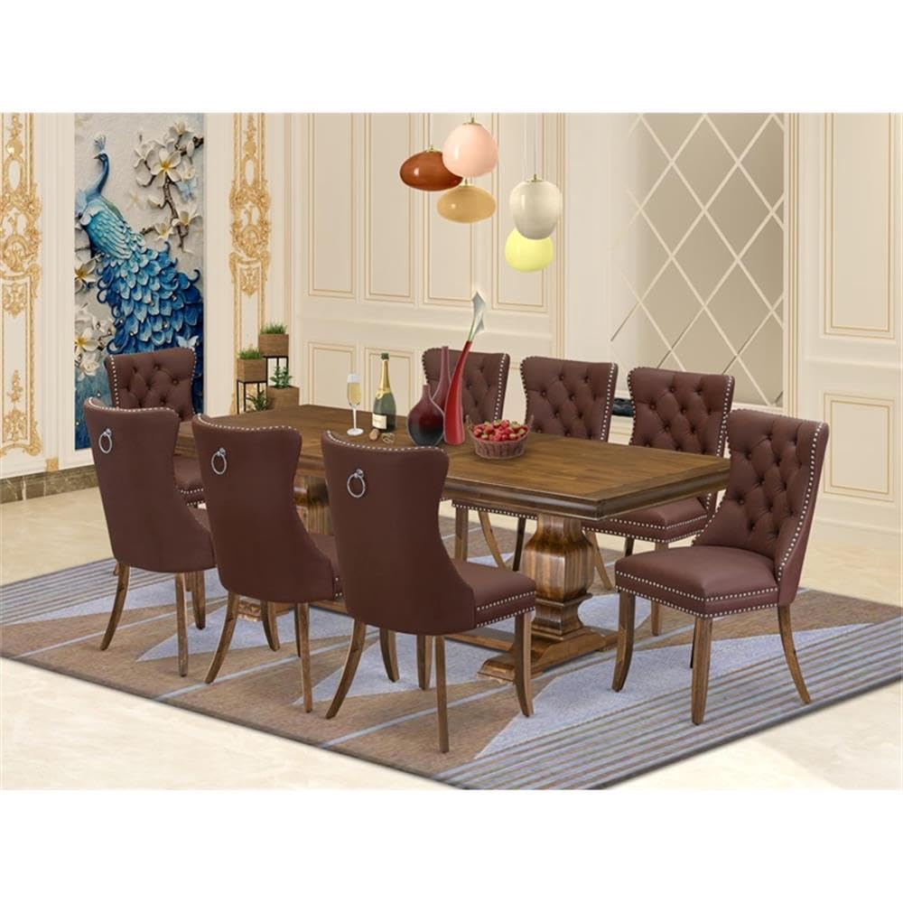 9-Piece Acacia Wood Dining Set with 8 Burgundy Faux Leather Chairs J6267