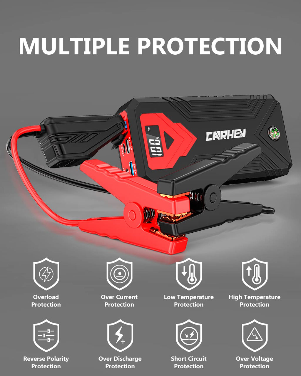 3000A 24000mAh 12V Jump Starter with LED Light and USB QC 3.0 S9821