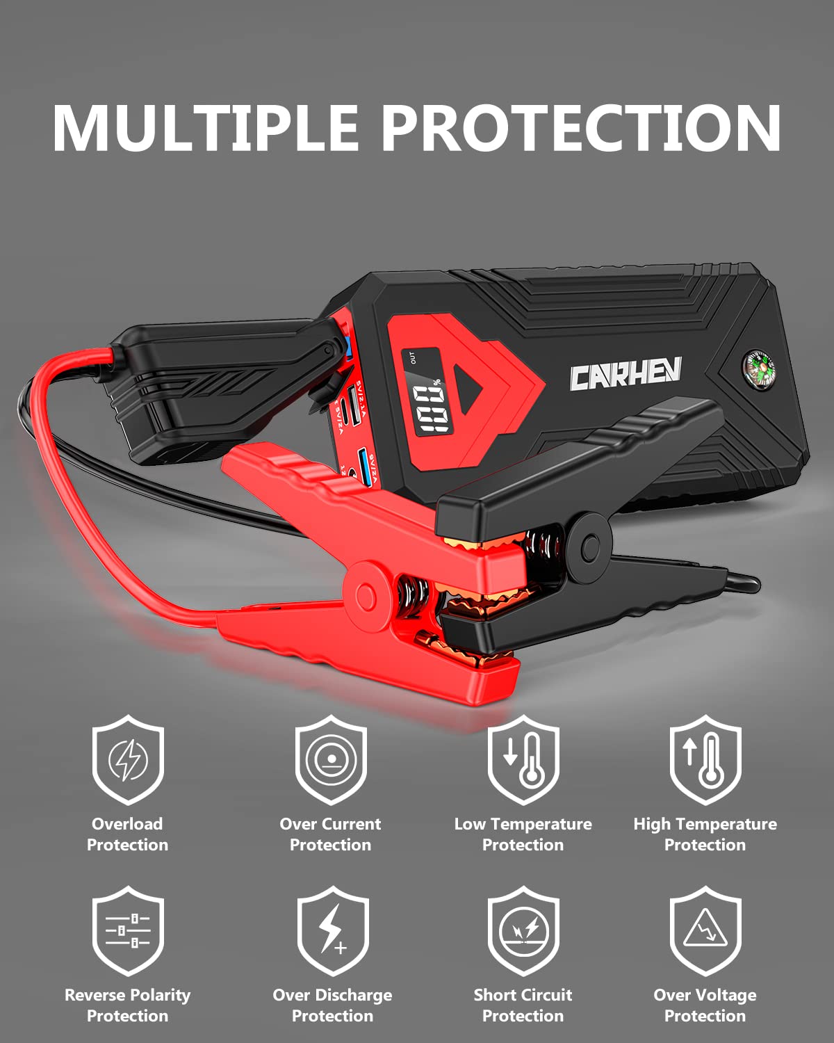 3000A 24000mAh 12V Jump Starter with LED Light and USB QC 3.0 S9821
