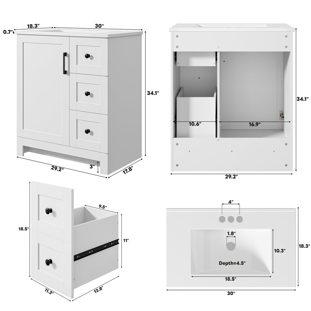 30" White Bathroom Vanity with Sink D3336