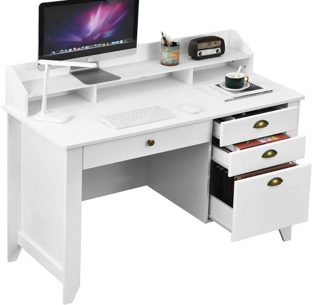 White Computer Desk with Drawers and Hutch O1369
