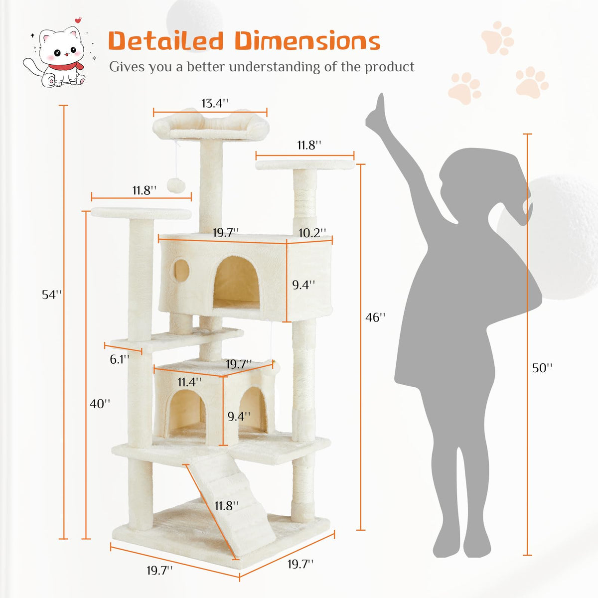 54-inch Cat Tree Tower with Scratching Posts O401