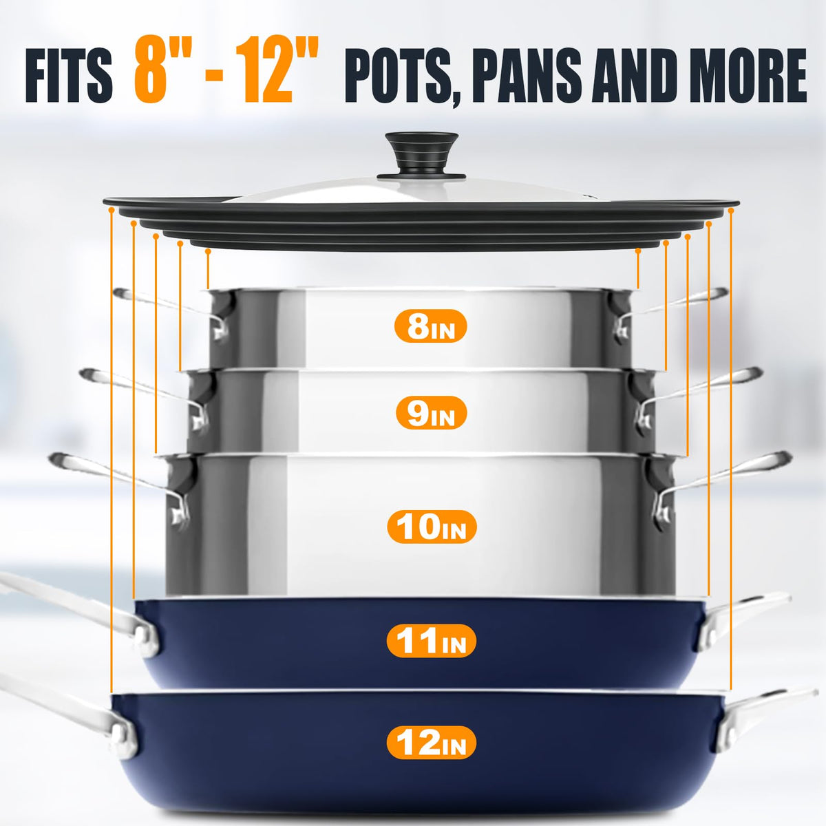 Universal Pan Lid with Heat Resistant Silicone Rim and Tempered Glass, Fits 8" to 12" Cookware V8881