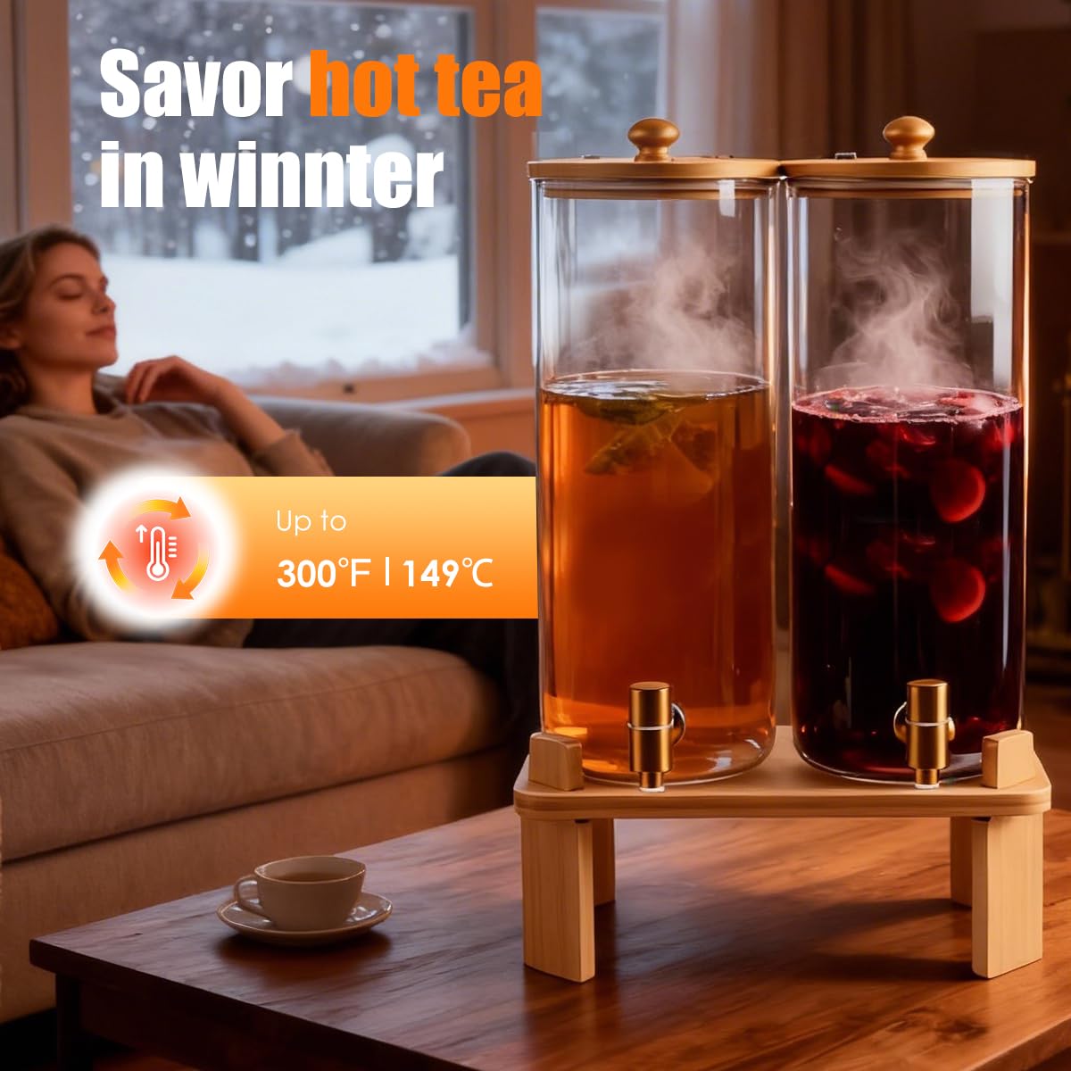 2 Gallon 2 Pack Glass Drink Dispenser with Wood Stand L8383