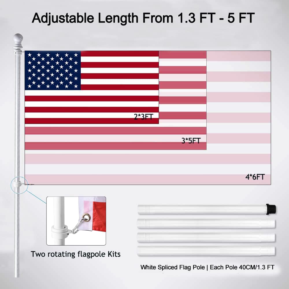 White 5 FT Stainless Steel Wall Mount Flag Pole Kit with 360° Rotating Rings A5985