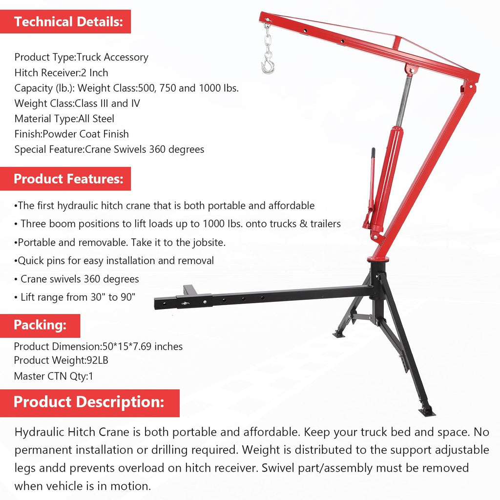 Hydraulic Pickup Truck Crane 360° Swivel 2-Inch Hitch Receiver 1000 Lbs E55072