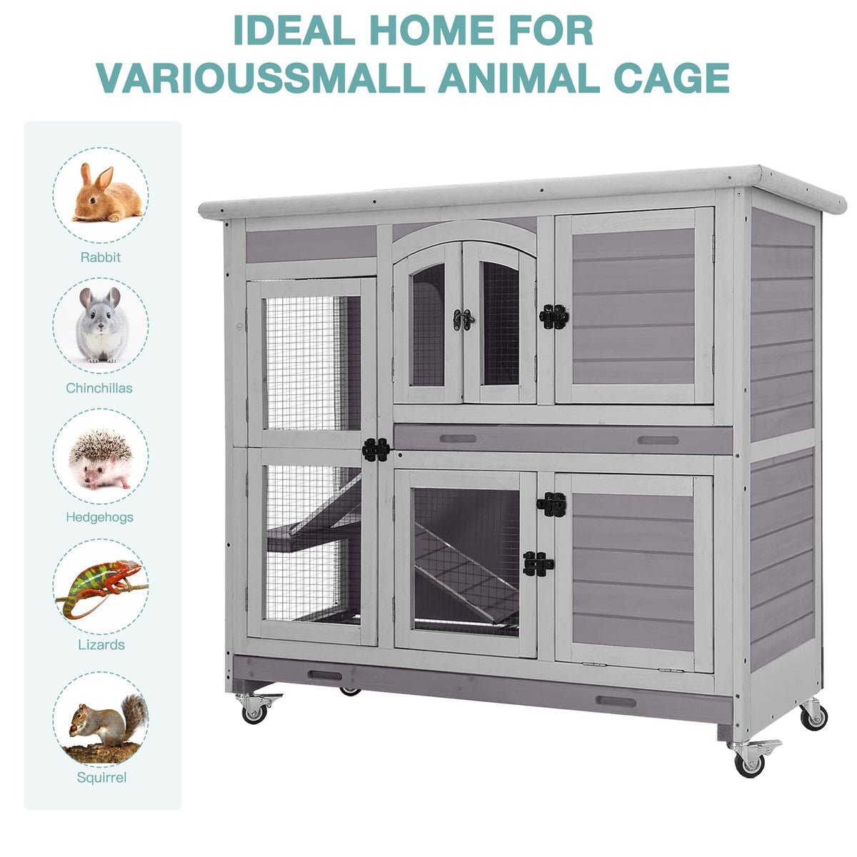 2-Tier Wooden Small Animal Cage with Trays, Wheels & Ramp C899