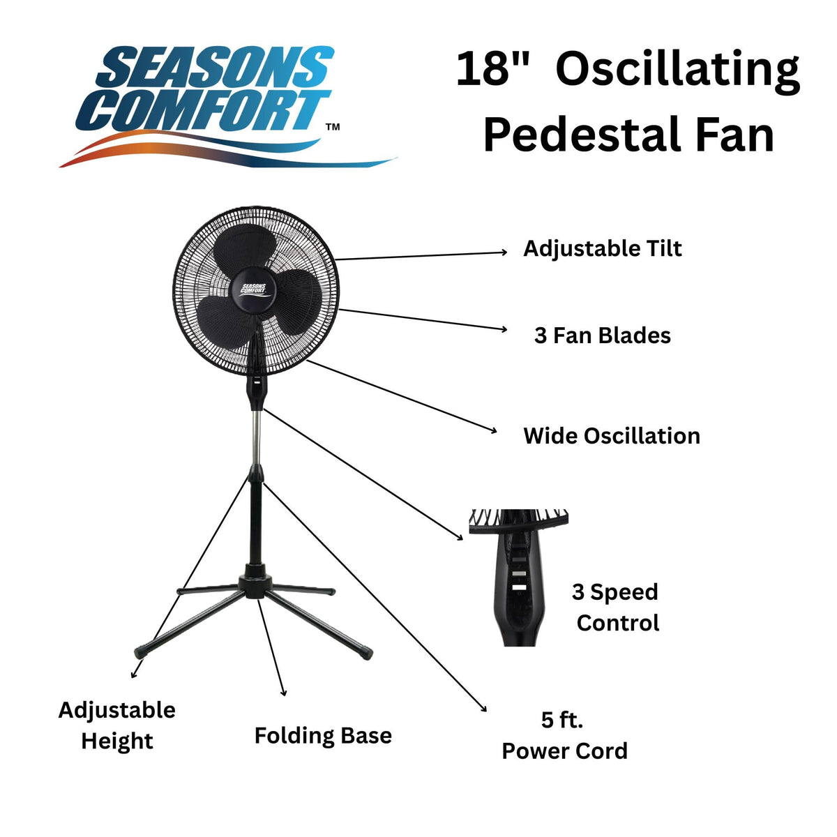 18" Oscillating Pedestal Fan, Adjustable Height, 3 Speed R927