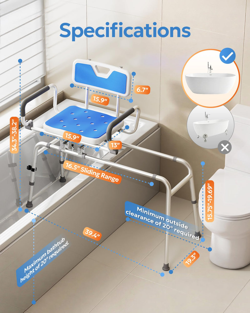 Sliding Shower Chair with 360° Swivel Seat U5368