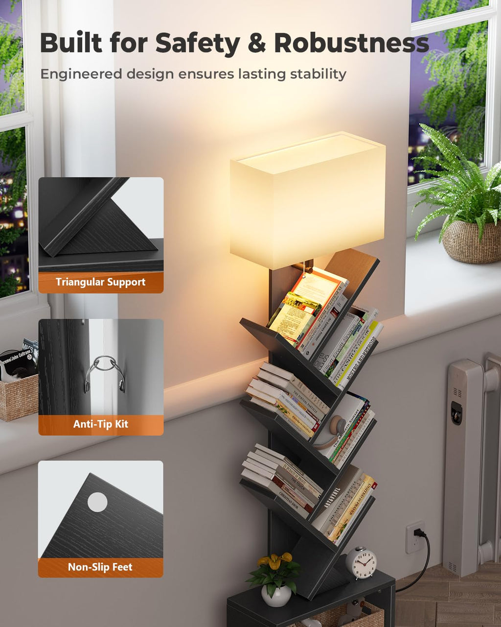 6 Tier Tree Bookshelf with Light, Black A5276
