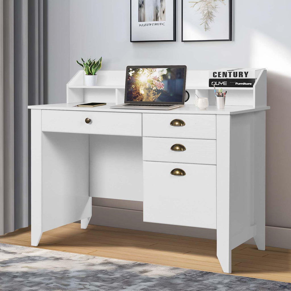 White Computer Desk with Drawers and Hutch O1369
