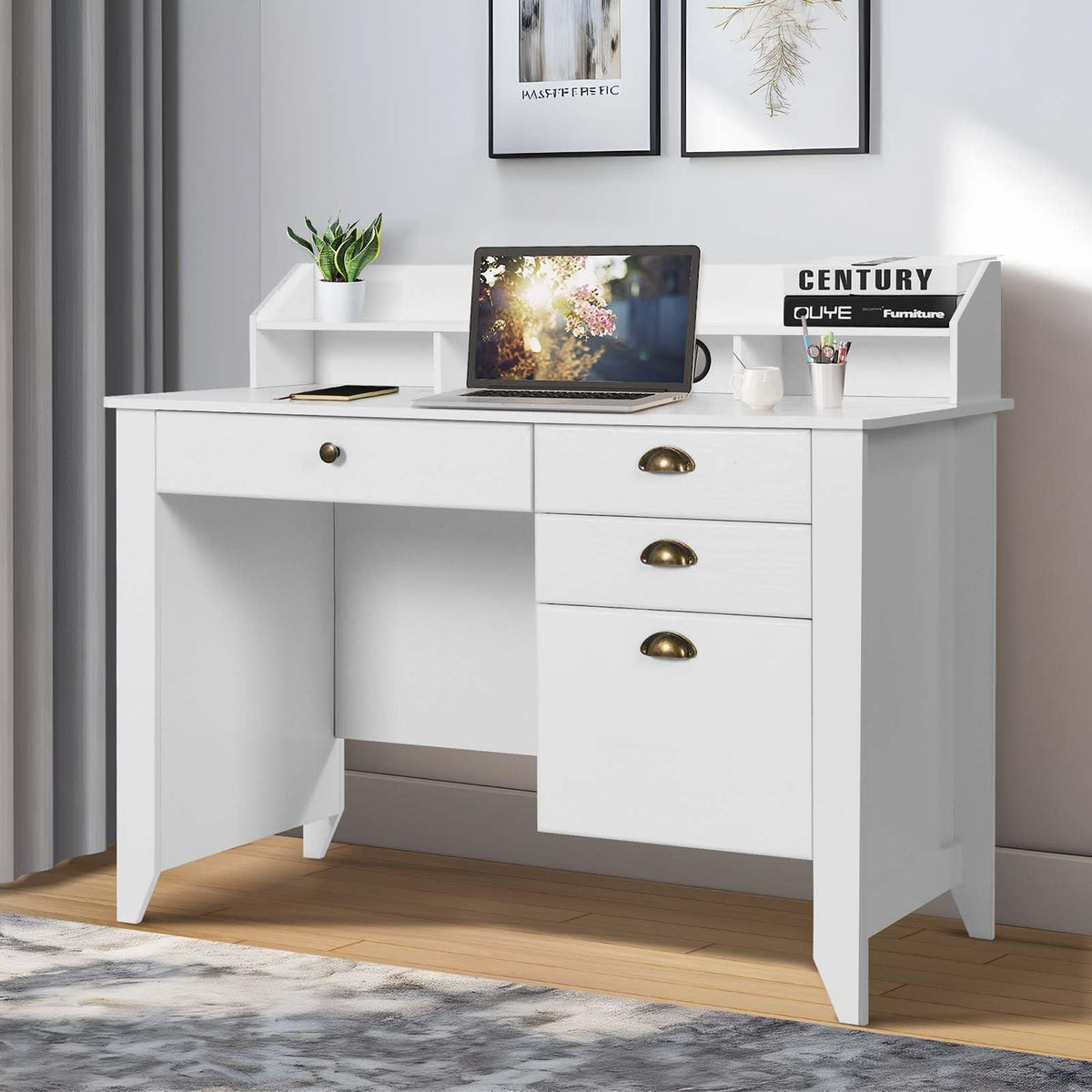 White Computer Desk with Drawers and Hutch O1369