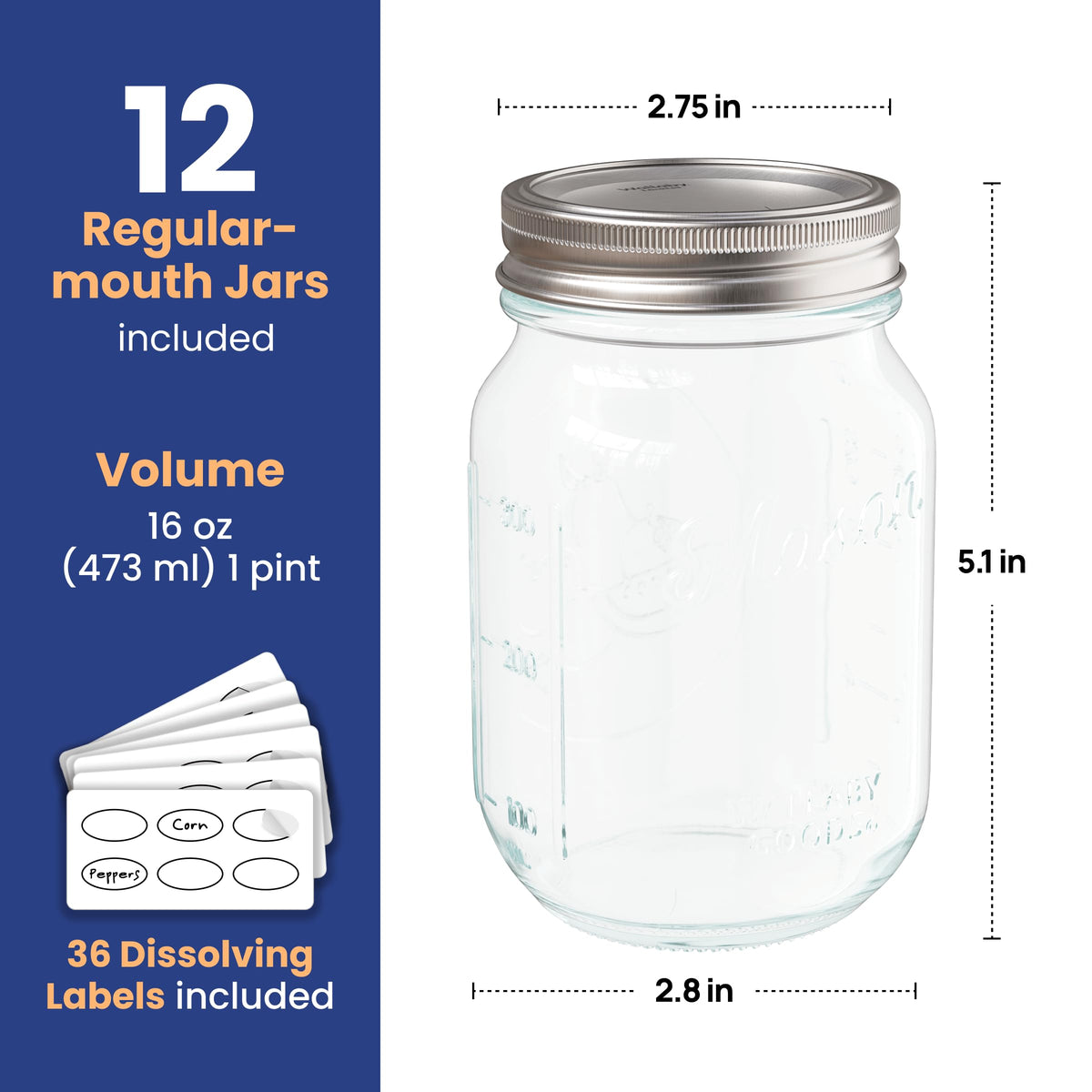 16oz Clear Glass Mason Jars with Lids 12-Pack Z377