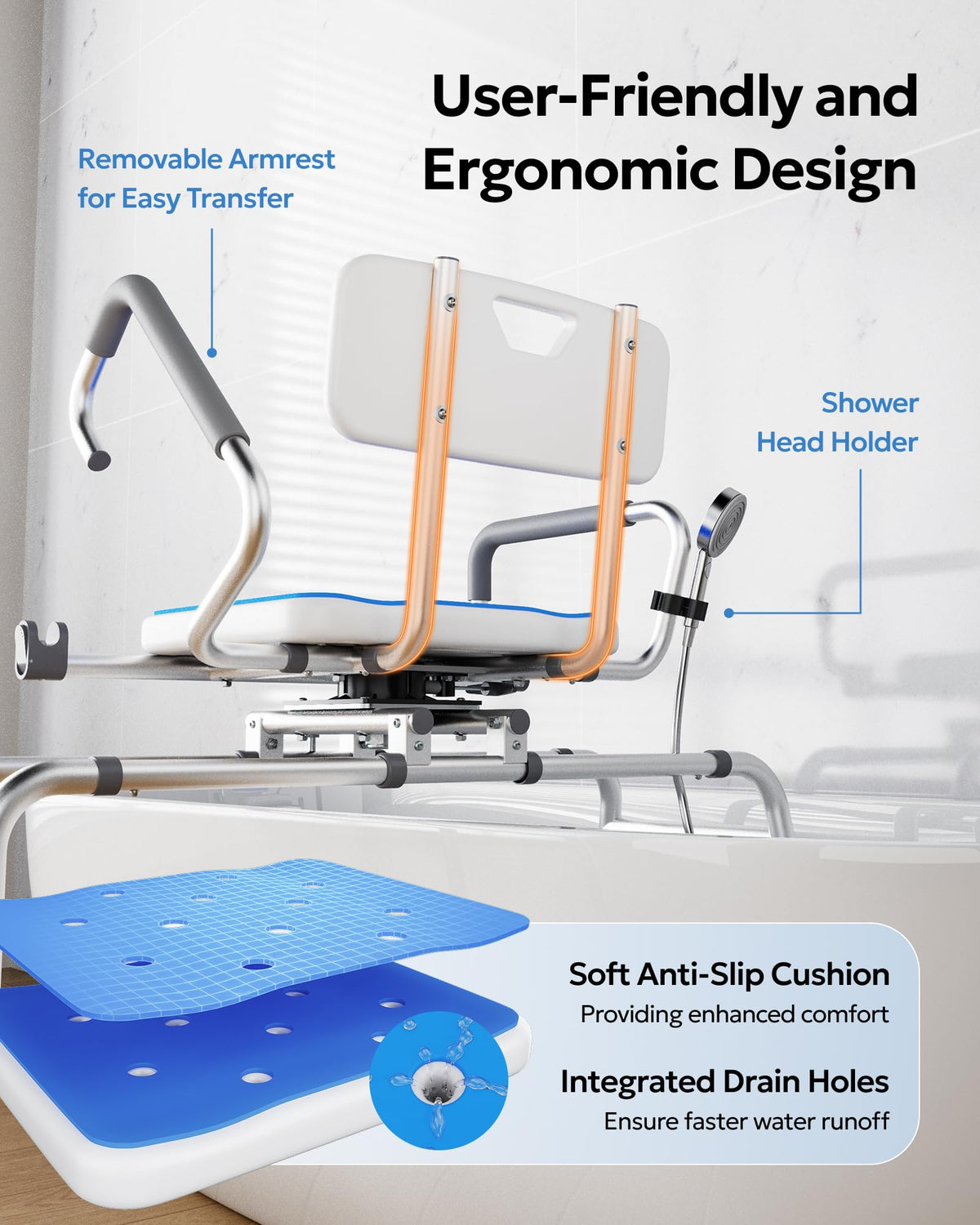 Sliding Shower Chair with 360° Swivel Seat U5368