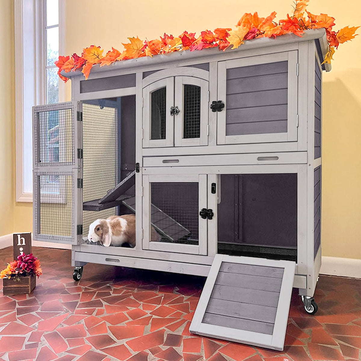 2-Tier Wooden Small Animal Cage with Trays, Wheels & Ramp C899