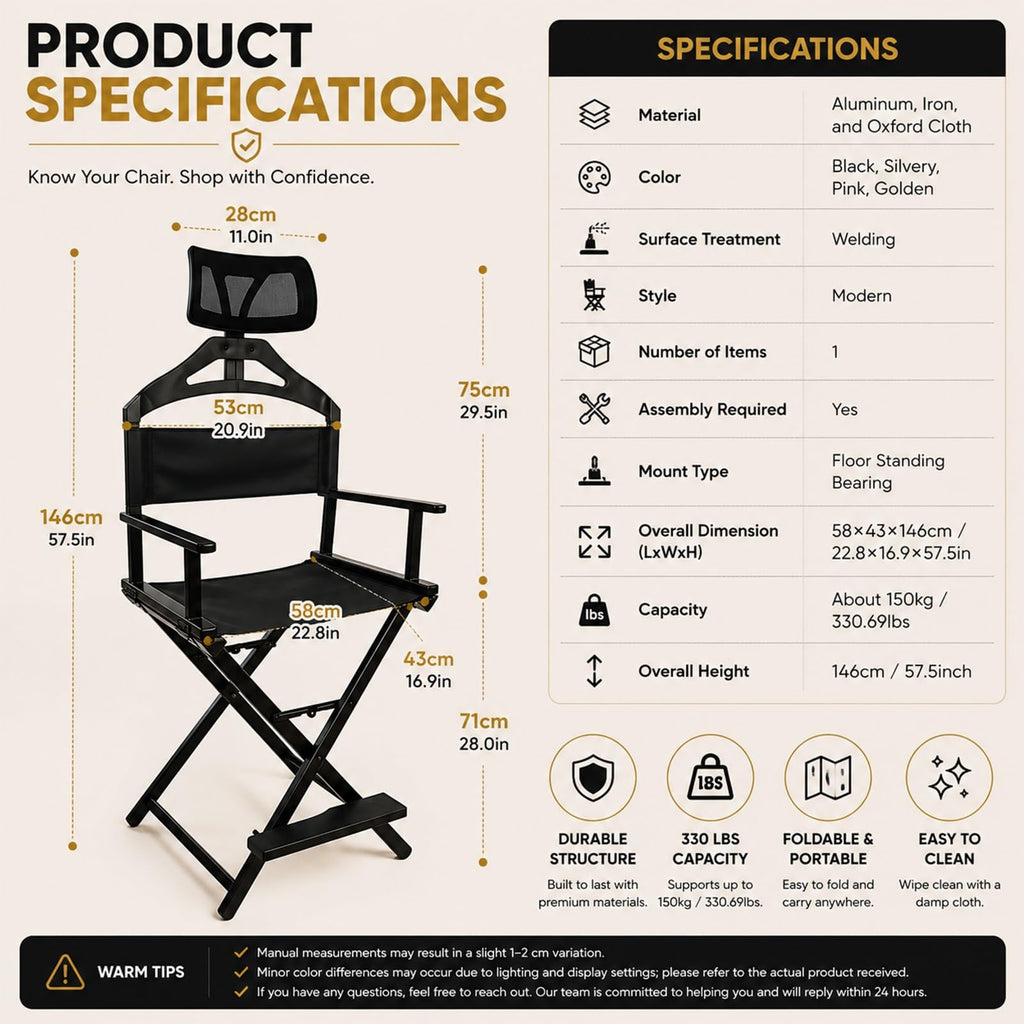 Tall Foldable Directors Chair with Adjustable Head Rest Z4985
