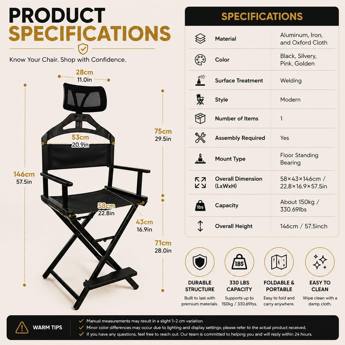 Tall Foldable Directors Chair with Adjustable Head Rest Z4985