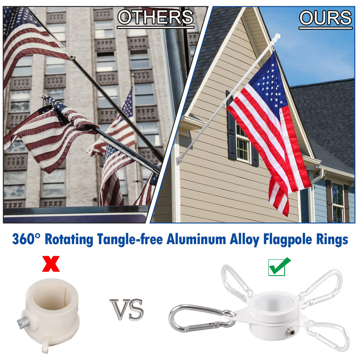 White 5 FT Stainless Steel Wall Mount Flag Pole Kit with 360° Rotating Rings A5985
