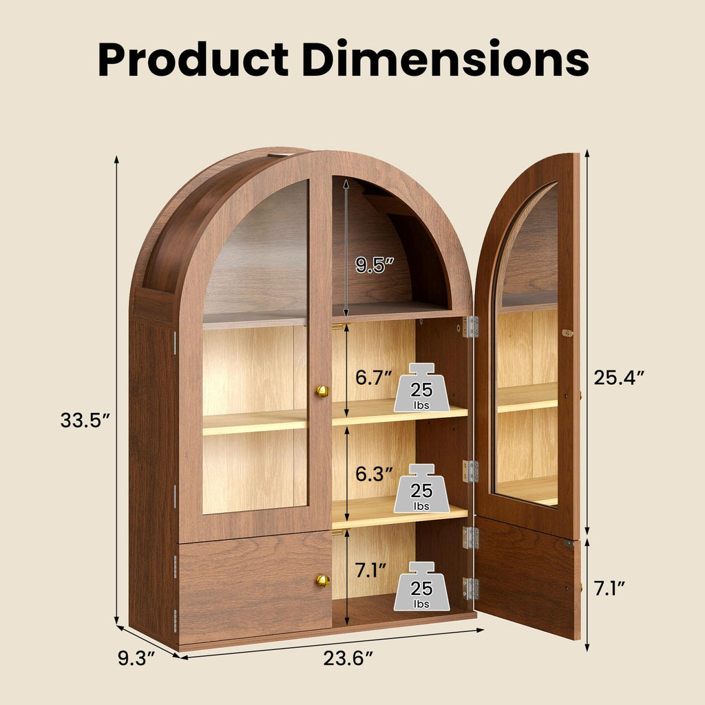 Arched Wall Cabinet with Glass Doors and Adjustable Shelves F22870