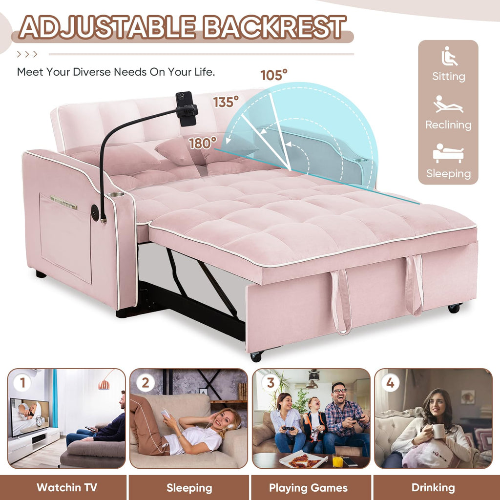 Pink Velvet Convertible Sleeper Sofa Bed U104819