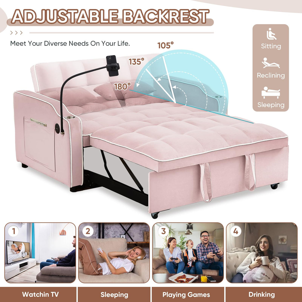 Pink Velvet Convertible Sleeper Sofa Bed U104819