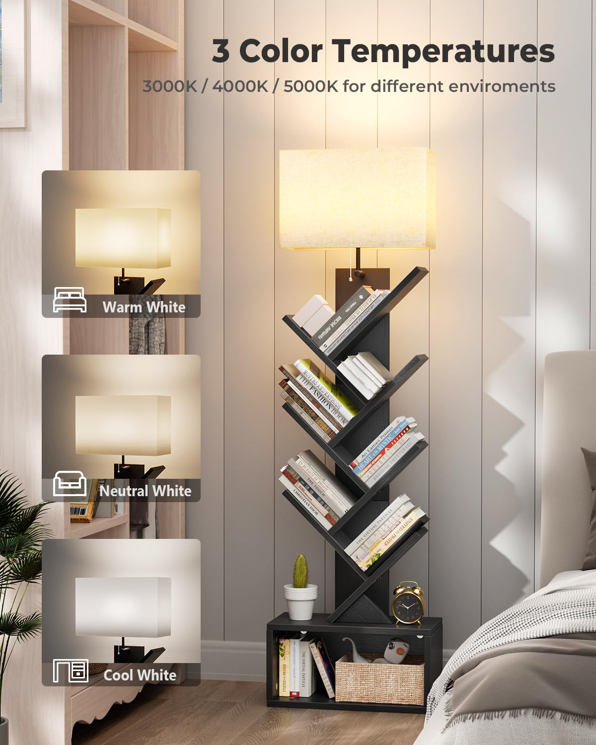 6 Tier Tree Bookshelf with Light, Black A5276