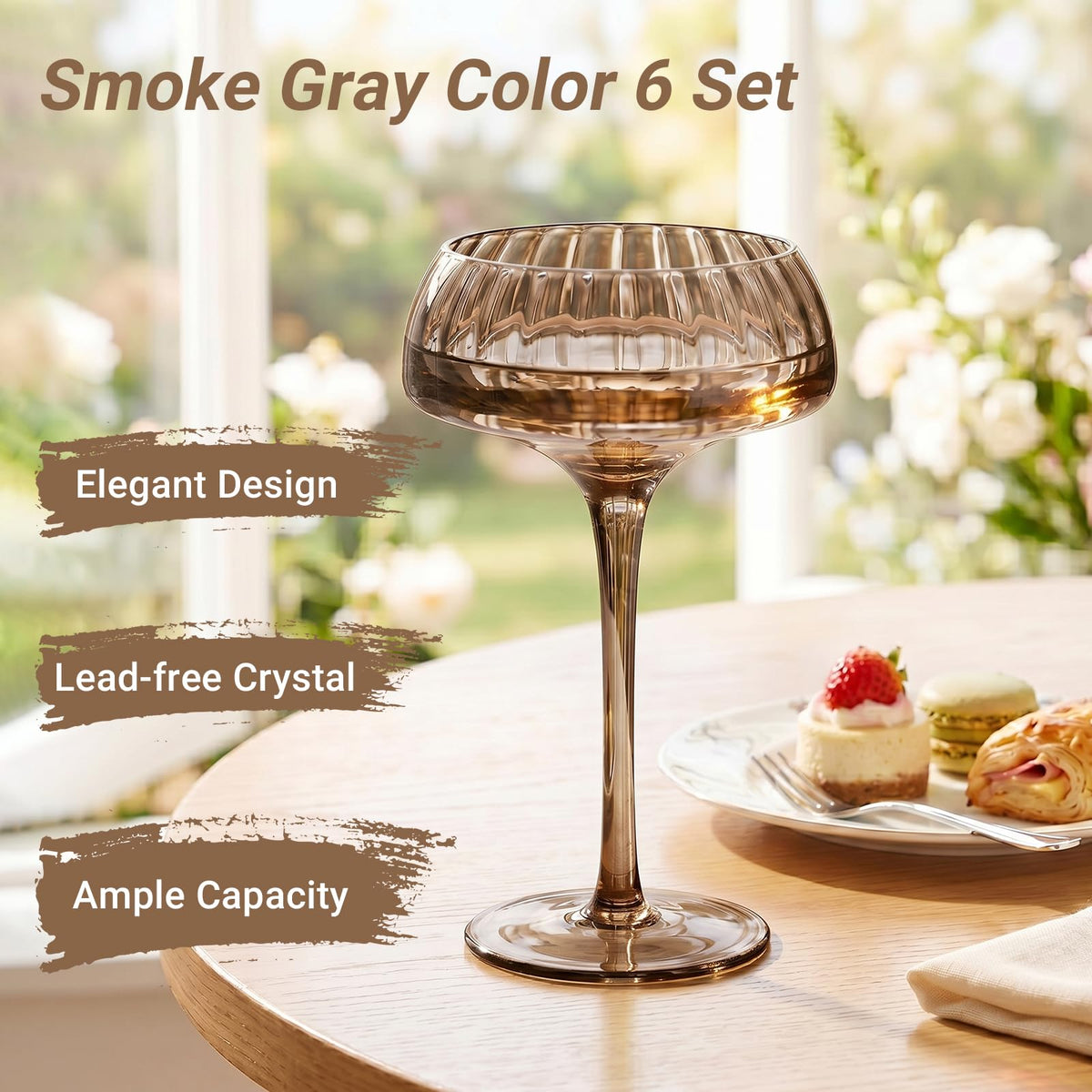 Smoke Gray Coupe Glasses Set of 6 D829