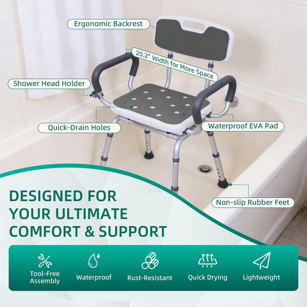 Swivel Shower Chair with Arms & Back, Heavy Duty Non-Slip Rotating Shower Bench Seat B254504