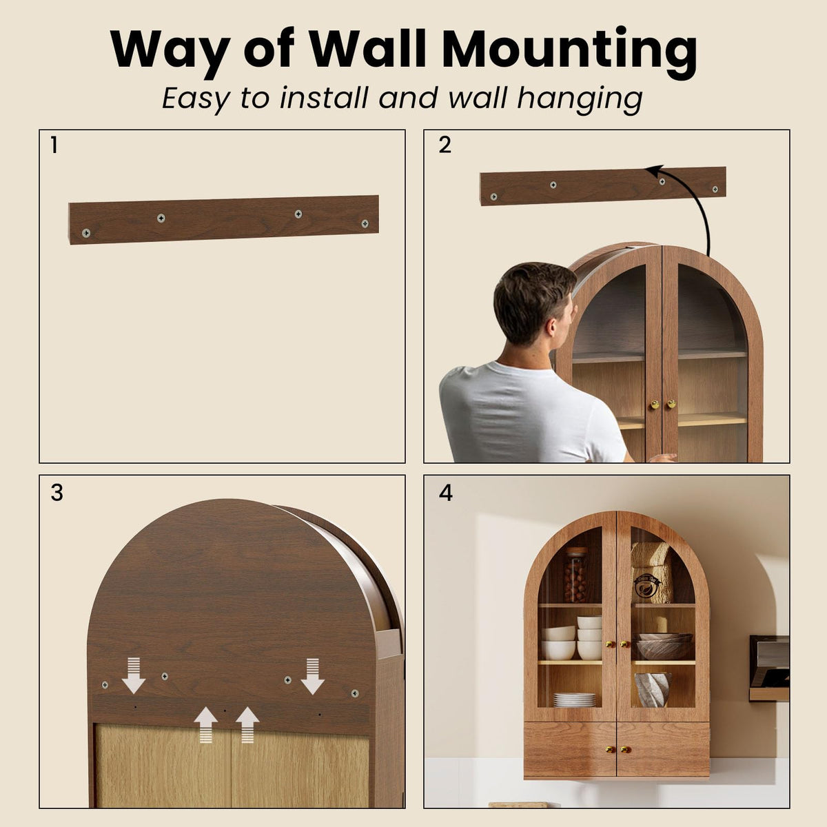 Arched Wall Cabinet with Glass Doors and Adjustable Shelves F22870