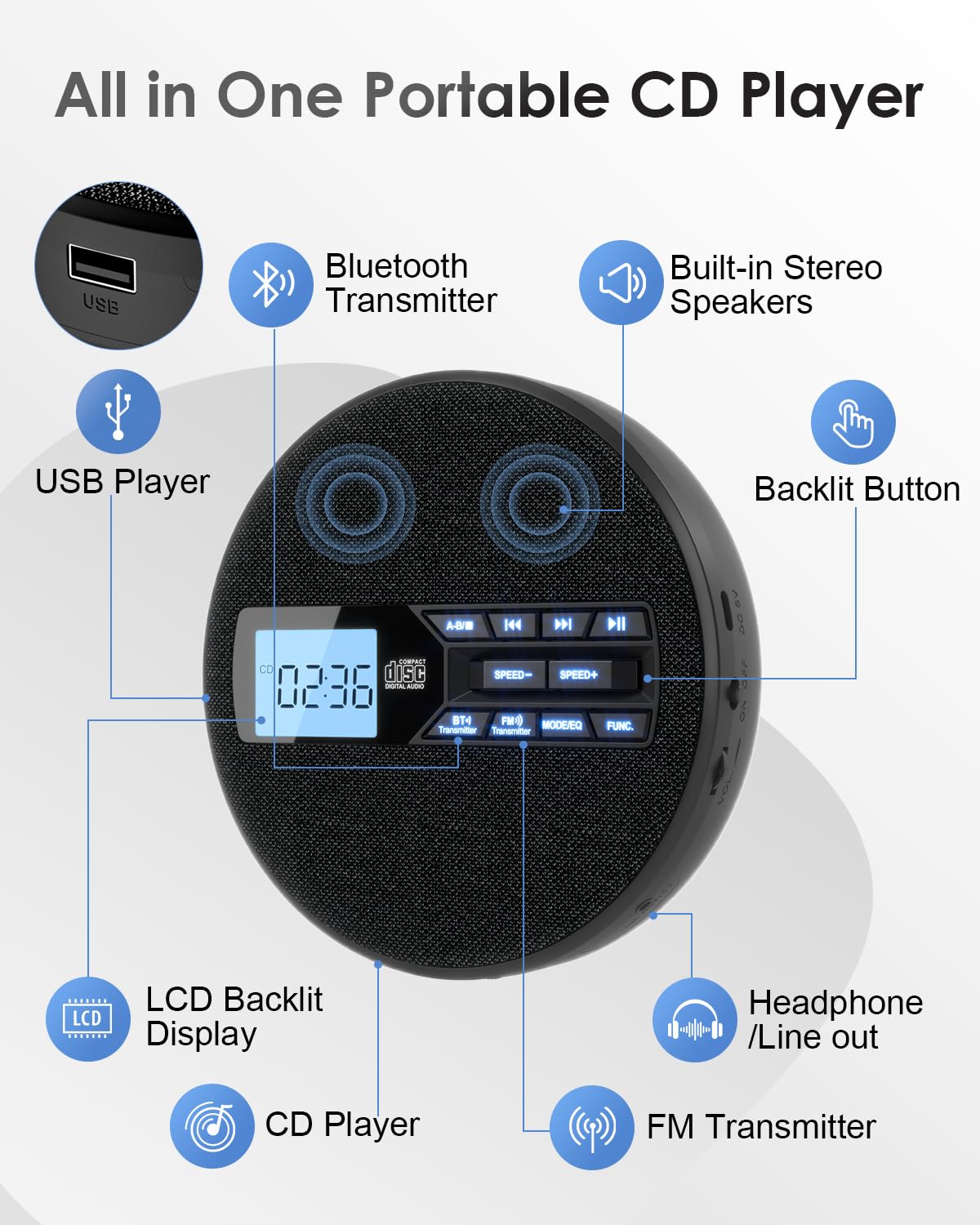 Portable CD Player with Bluetooth & FM Transmitter I9041