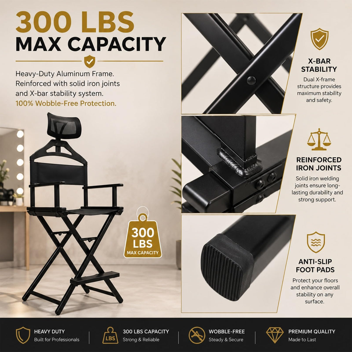 Tall Foldable Directors Chair with Adjustable Head Rest Z4985