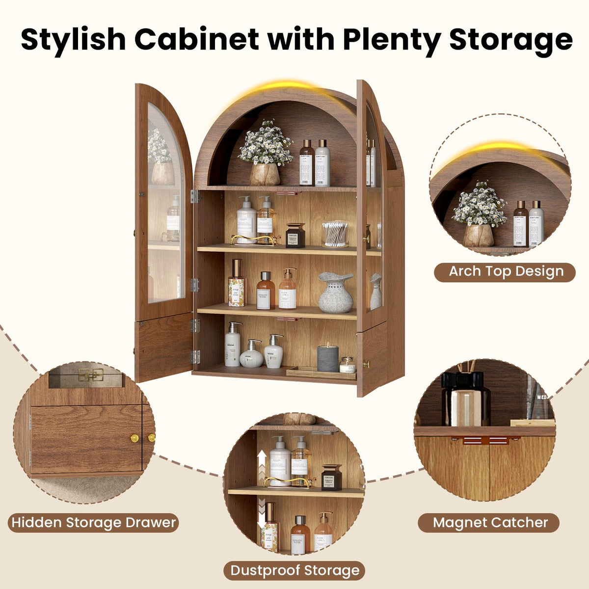 Arched Wall Cabinet with Glass Doors and Adjustable Shelves F22870