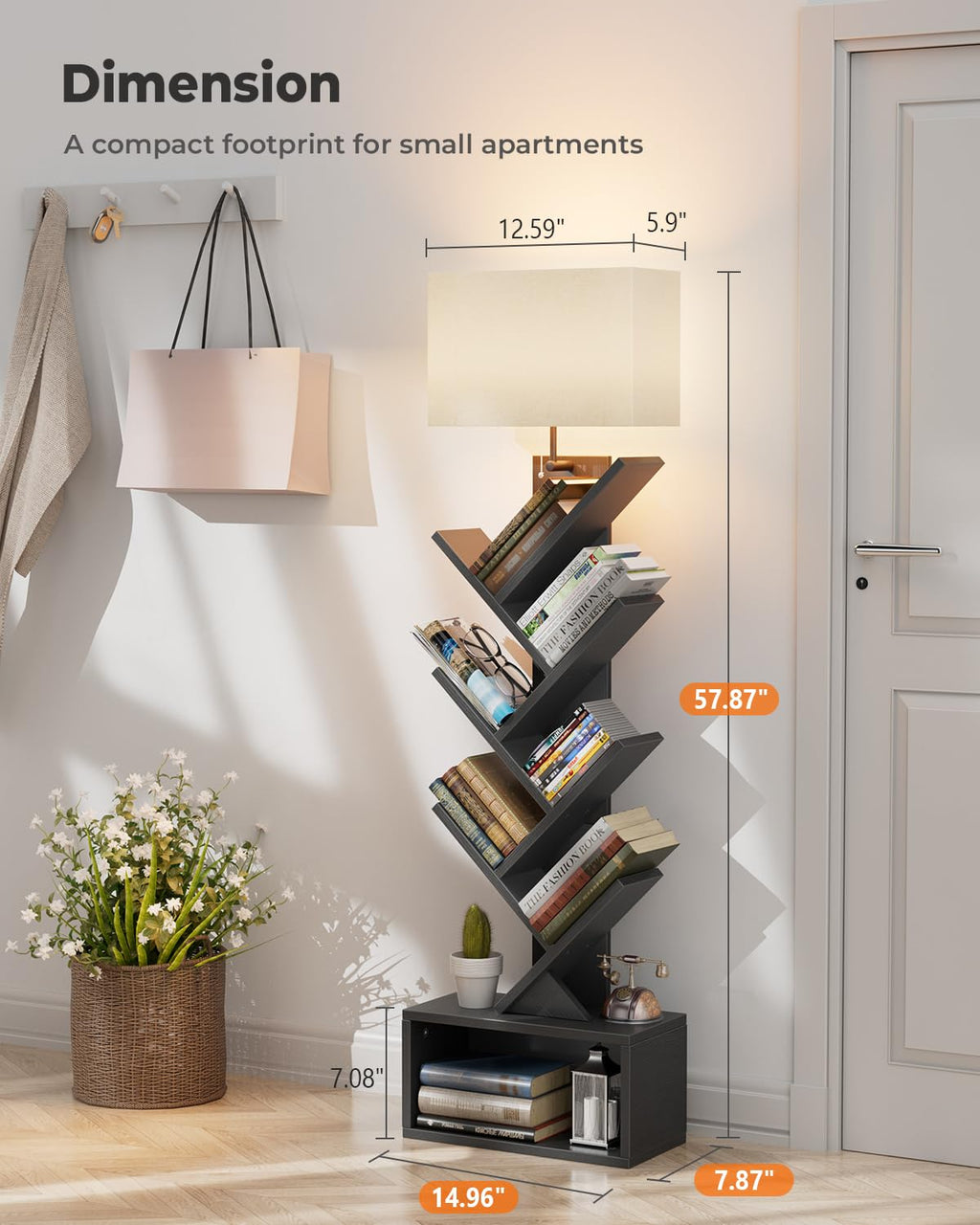 6 Tier Tree Bookshelf with Light, Black A5276