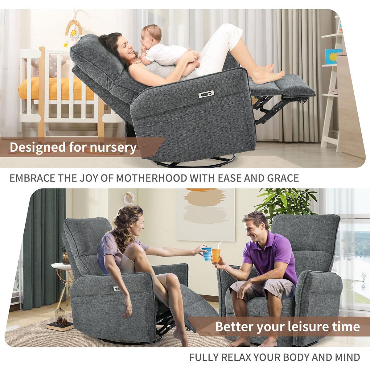 Power Swivel Rocker Recliner Chair with USB, Dark Gray W46530