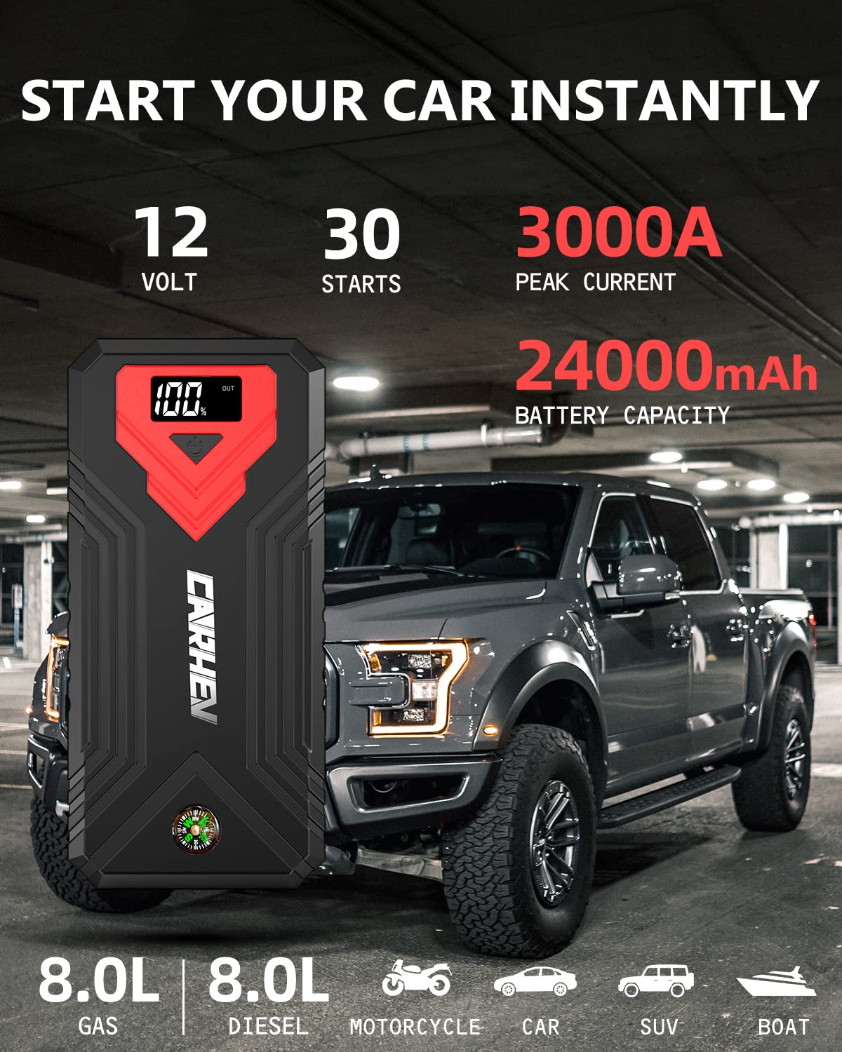 3000A 24000mAh 12V Jump Starter with LED Light and USB QC 3.0 S9821