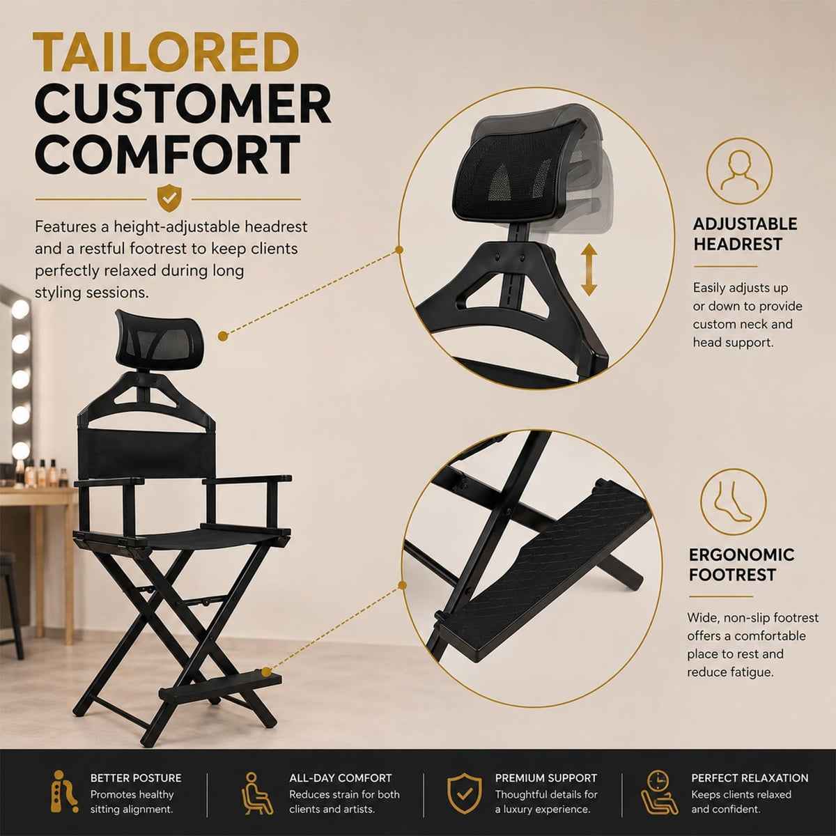 Tall Foldable Directors Chair with Adjustable Head Rest Z4985