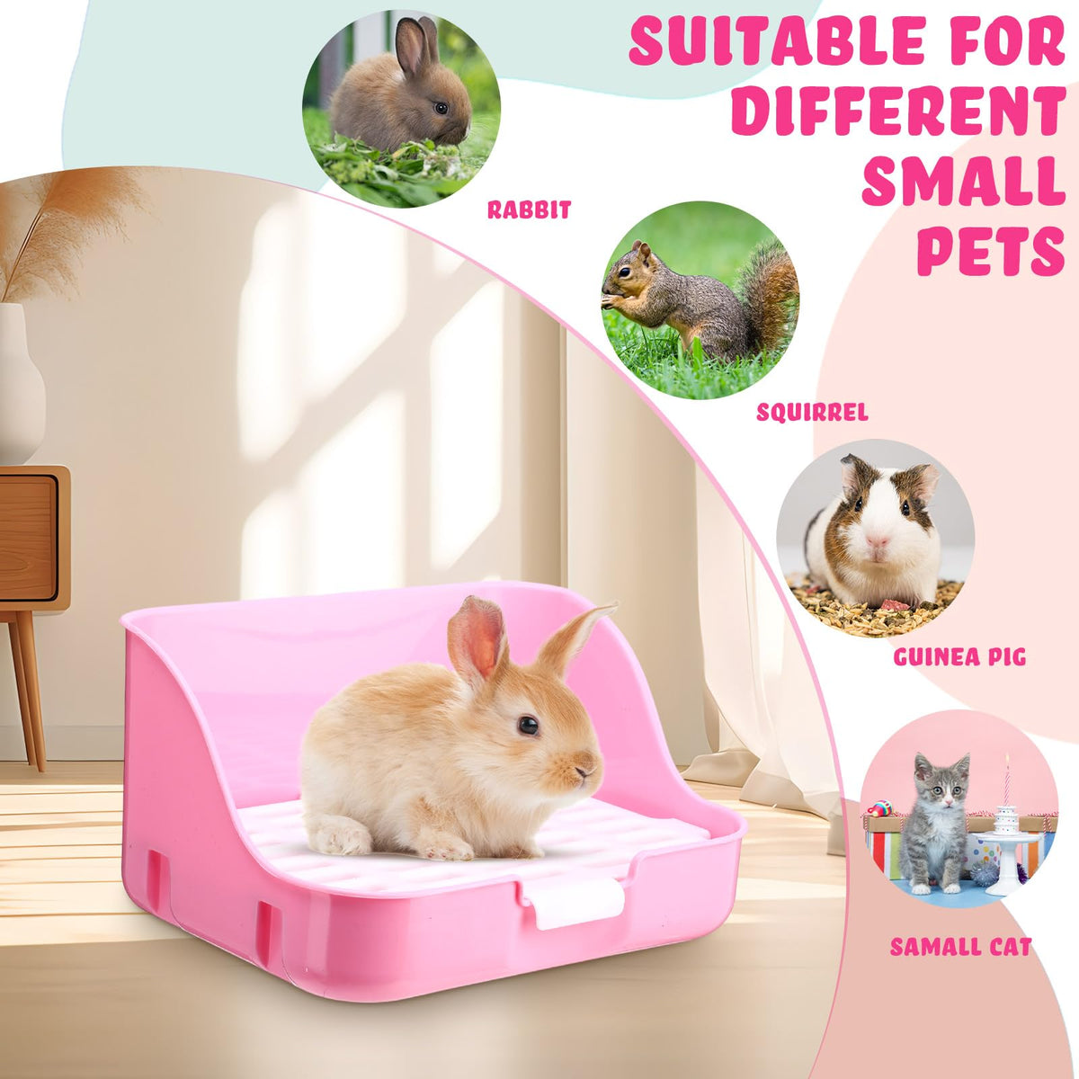 15 Pcs Rabbit Starter Kit Litter Box Grooming Kit Toys Bowl Blankets Cleaning Set Pink B556