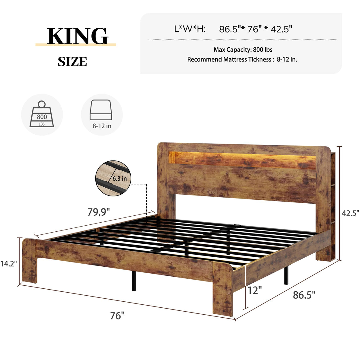 King Size Wooden Bed Frame with Storage Headboard and LED Lights R165781