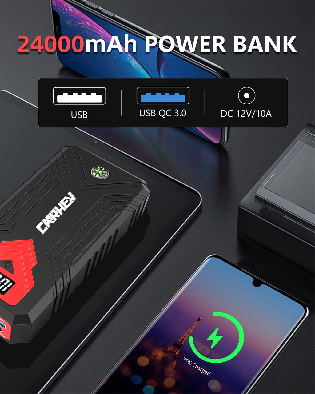 3000A 24000mAh 12V Jump Starter with LED Light and USB QC 3.0 S9821